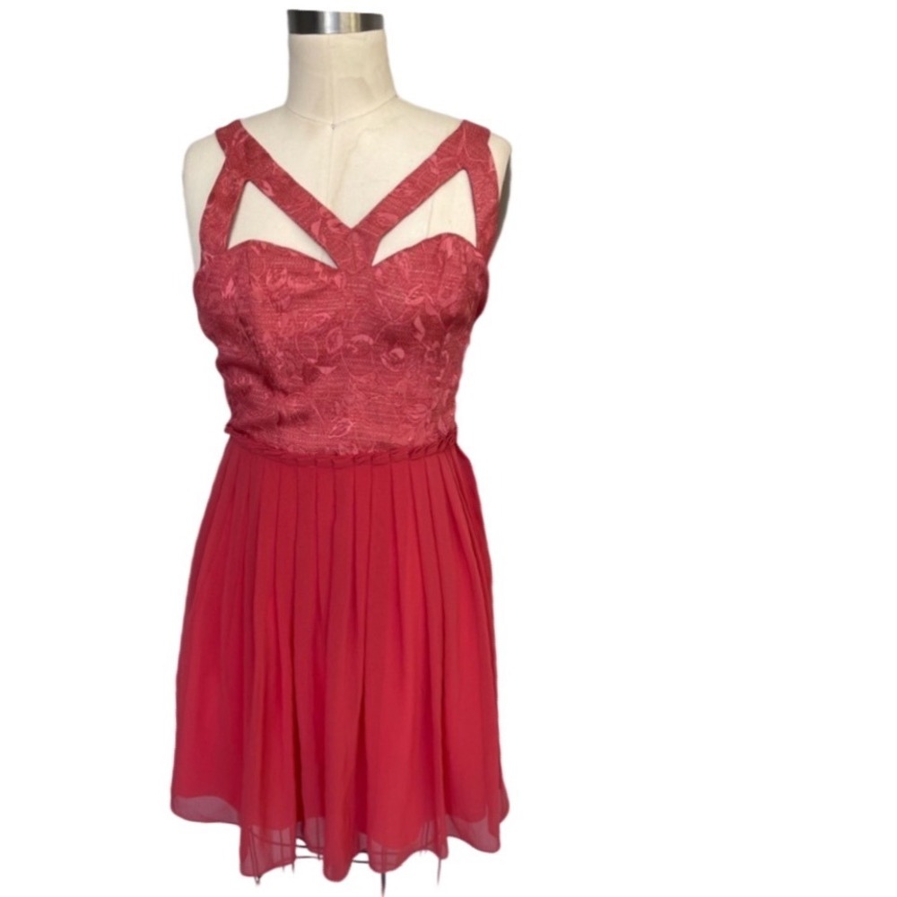 Ladakh Womens Red Floral Brocade Cutout Chiffon Fit and Flare Dress Size 2